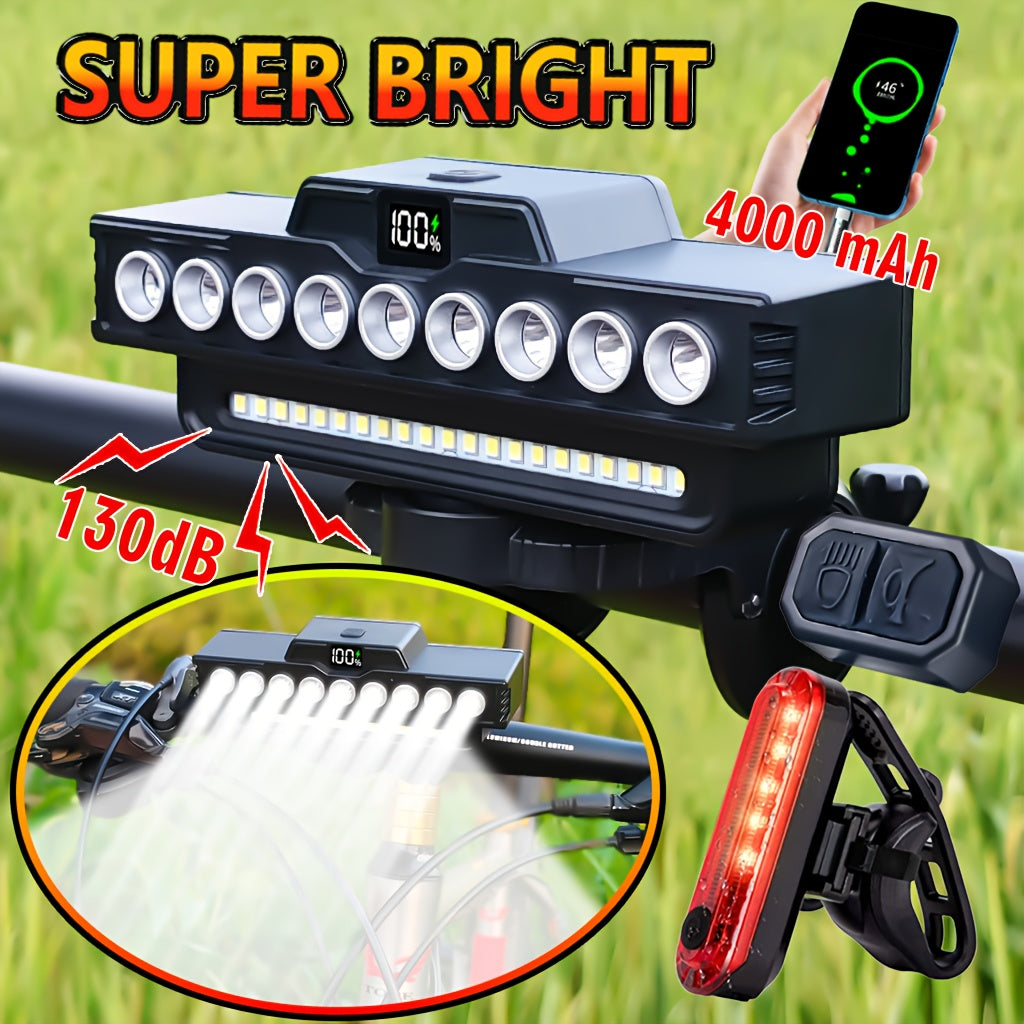 Bike Light and Horn Combo with USB Charging, Digital Display and Listed 4000mAh Power Bank, Headlight or Tail Light Bundle Options for Cycling