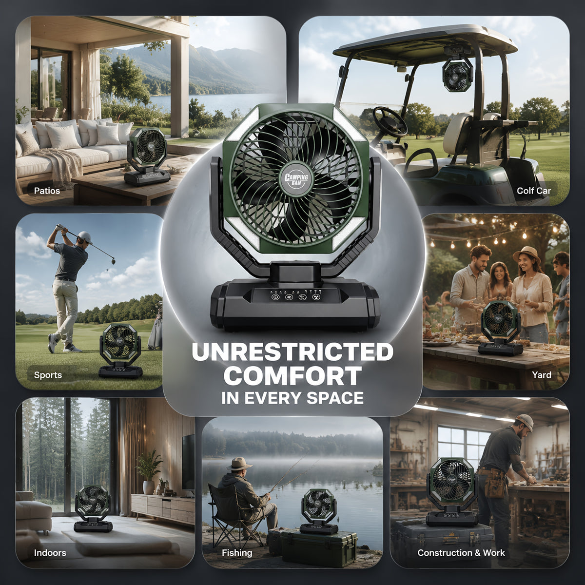 Rechargeable Tent Fan with 20000mAh Battery, Four Speeds, Remote Control and Hanging Hook for Camping, Beach Days and Outdoor Cooling