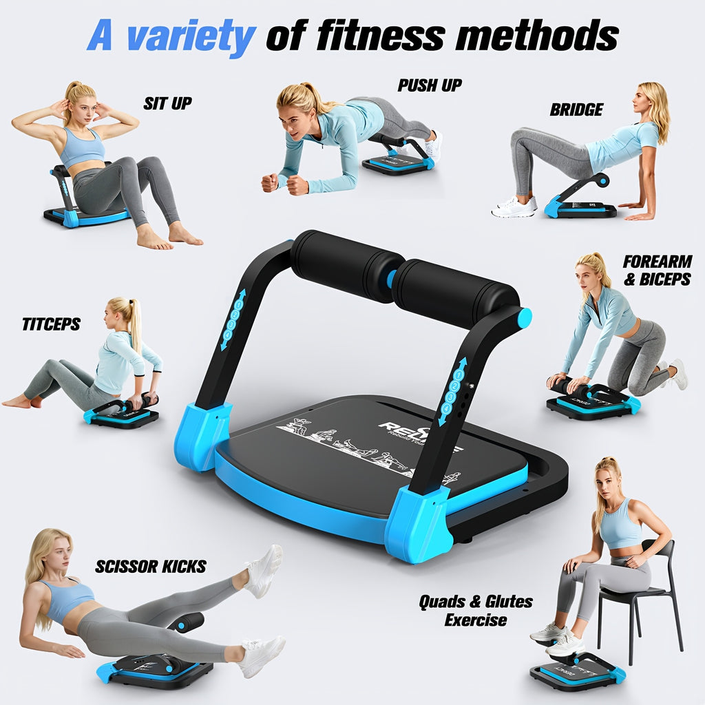 Adjustable Resistance Ab Crunch Machine for Home Gym, Foldable Core Exercise Equipment with Rebound System, Foam Cushion and Steel Frame, Blue or Black