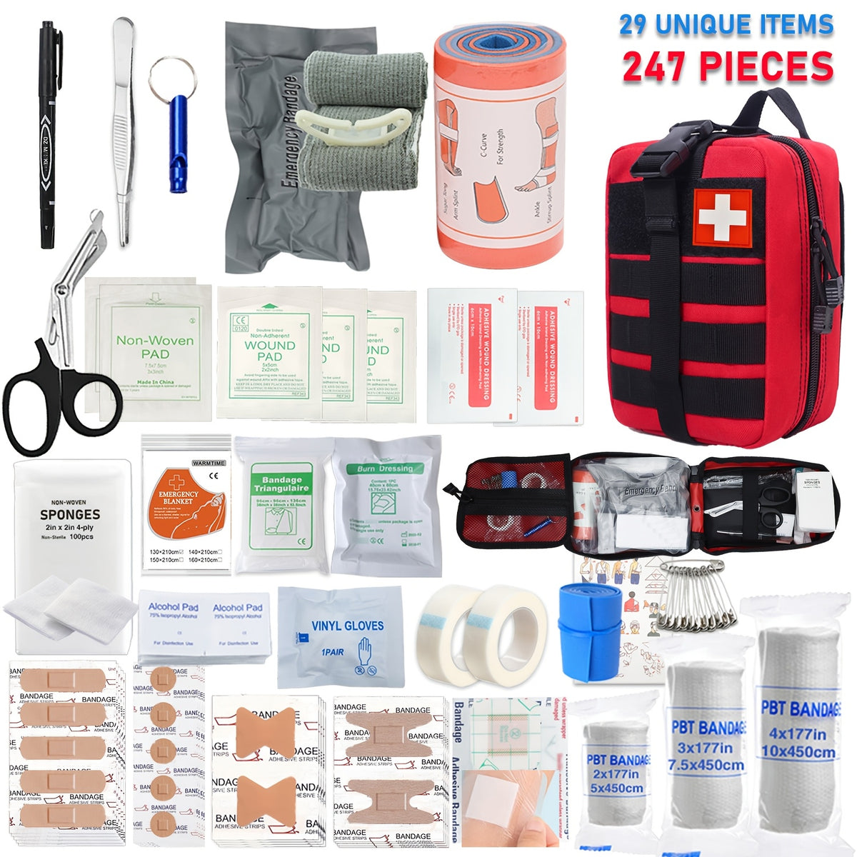 247-Piece First Aid Pouch Kit with Listed Tourniquet and Trauma Bandage, EH247 Emergency Supply Set for Home, Car, Camping and Travel Preparedness