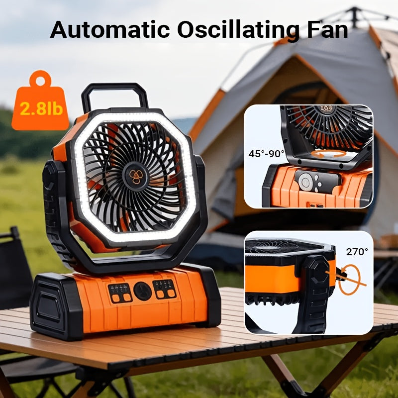 4-Speed Camping Fan with 20000mAh Battery, USB-C Charging and 16 LED Lights, Portable 90-Degree Rotating Tent Fan with Device Charging Outputs