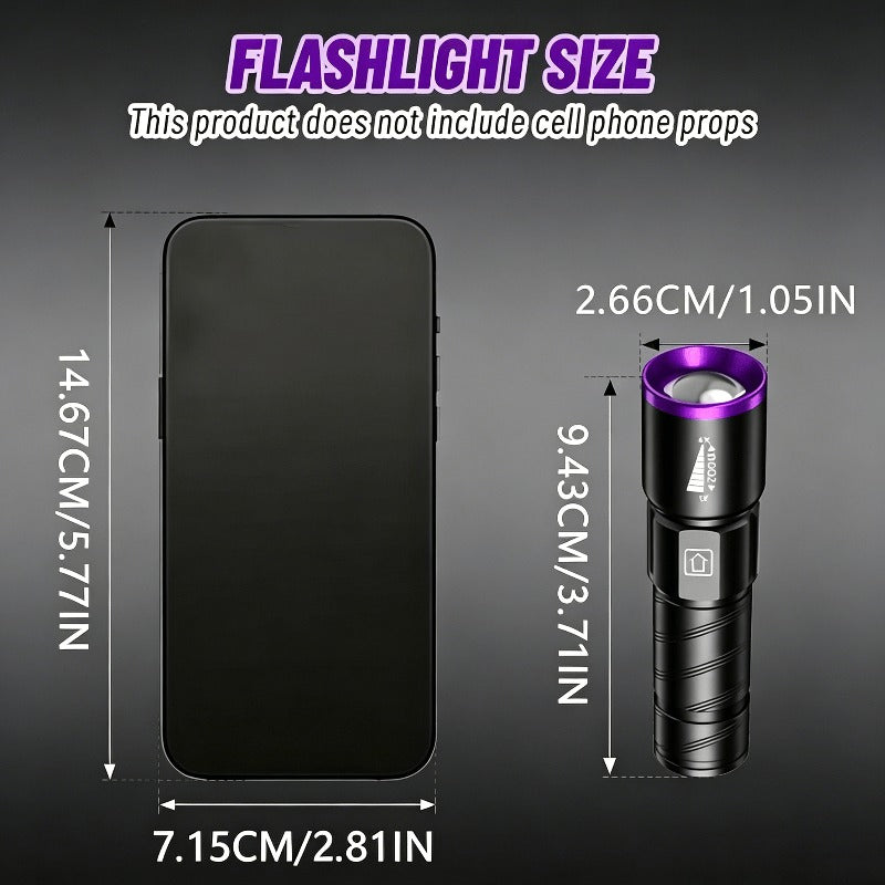 395nm UV Blacklight Flashlight with Adjustable Zoom, USB Rechargeable Aluminum Body and 3 Modes for Fluorescent Stain and Mineral Inspection