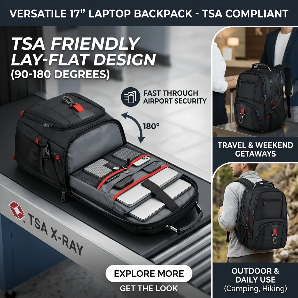 17-Inch Laptop Travel Backpack with Three Main Compartments, Padded Computer Storage and Mesh Shoulder Straps for College, Work and Weekend Trips