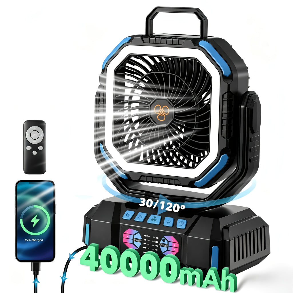 40000mAh Rechargeable Camping Fan with Remote Control, 4 Speeds, Adjustable LED Lights, Timer and Tent Hook for Standing or Hanging Outdoor Use
