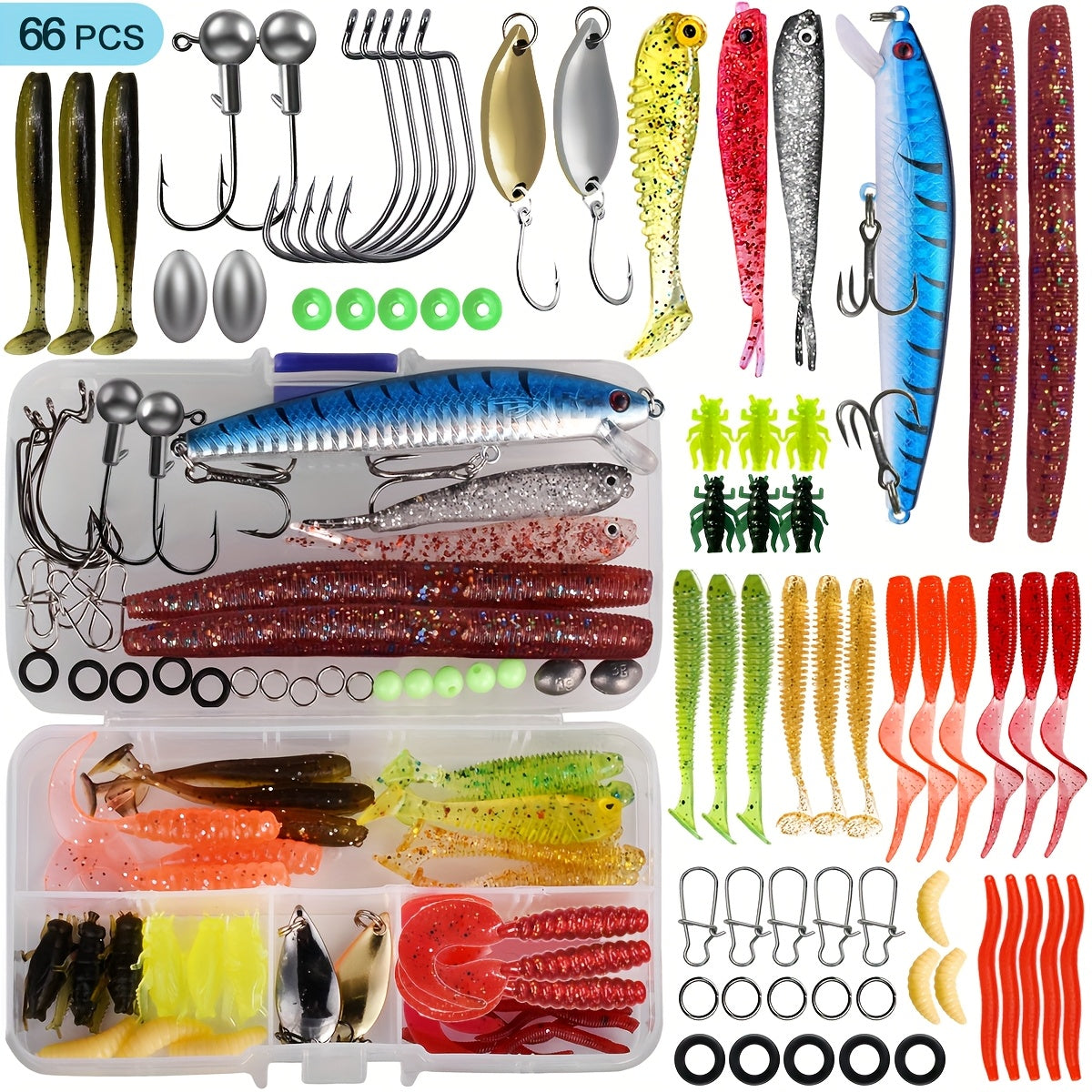 66-Piece Fishing Lure Tackle Kit, Artificial Bait Assortment for Freshwater and Saltwater Angling, Fishing Gear Set for Tackle Rotation and Gifts