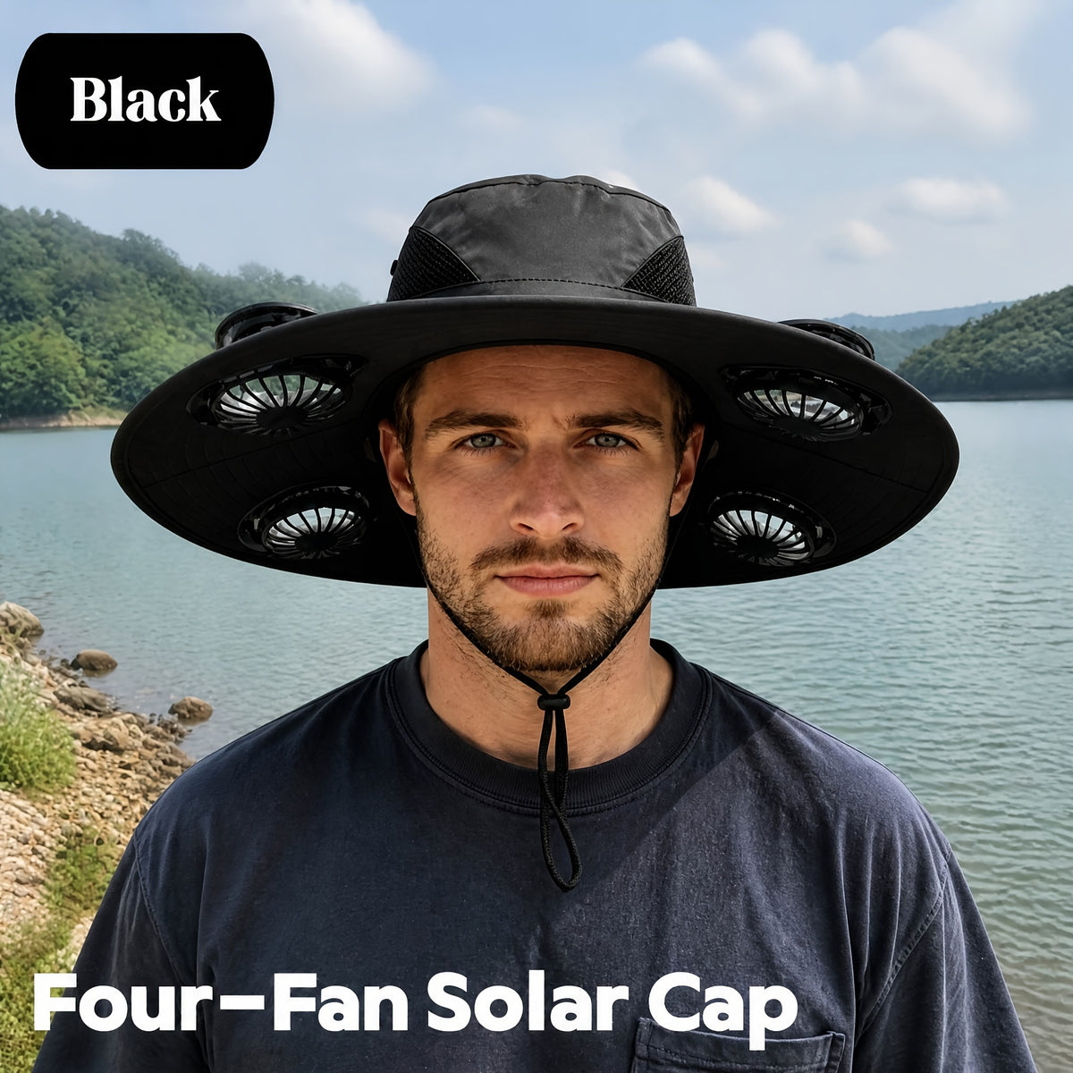 4-Fan Solar Powered Sun Hat with Wide Brim, USB Charging and 3 Adjustable Speeds for Fishing, Hiking and Summer Outdoor Activities