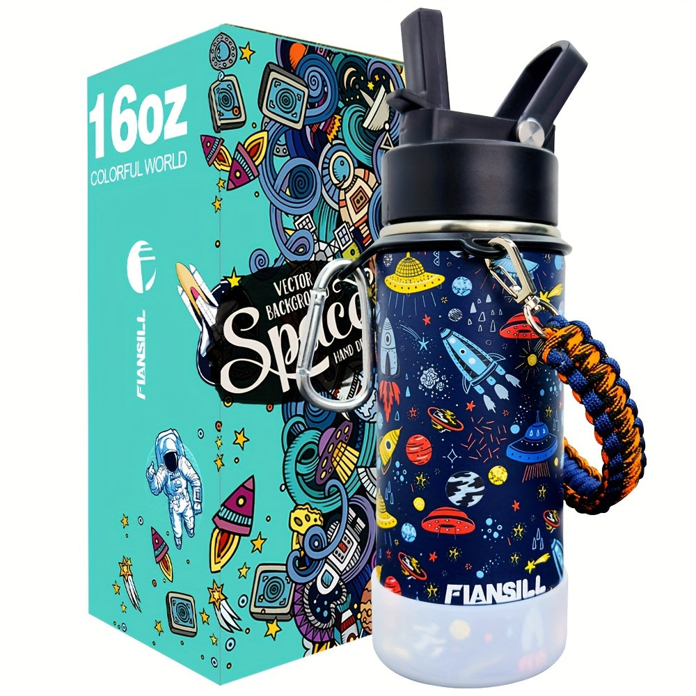 16oz Student Insulated Water Bottle, Stainless Steel Vacuum Flask with One-Hand Lid, Carry Strap and Seven Designs for School and Outdoor Trips