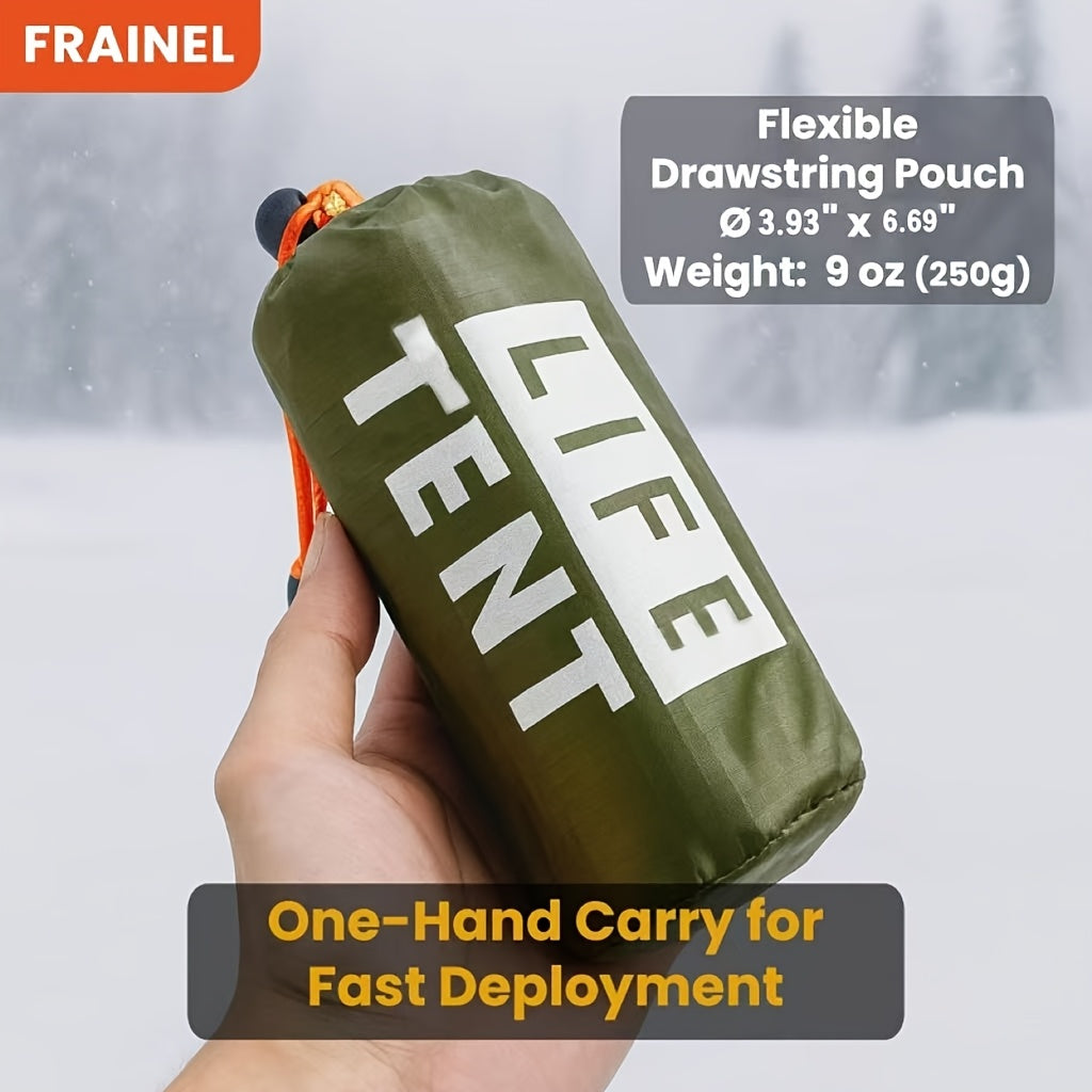 Olive Green Emergency Survival Tent, Portable Tubular Outdoor Shelter with Storage Bag, Whistle and Rope for Hiking, Camping and Vehicle Preparedness
