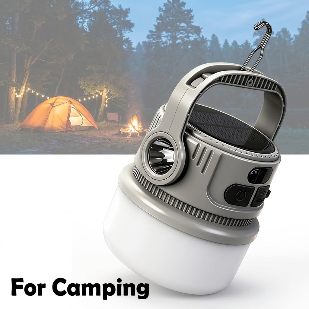6-Mode Solar Camping Light with USB-C Charging, Hanging Hook and Battery Display, Portable Rechargeable LED Lamp with Phone Backup Power