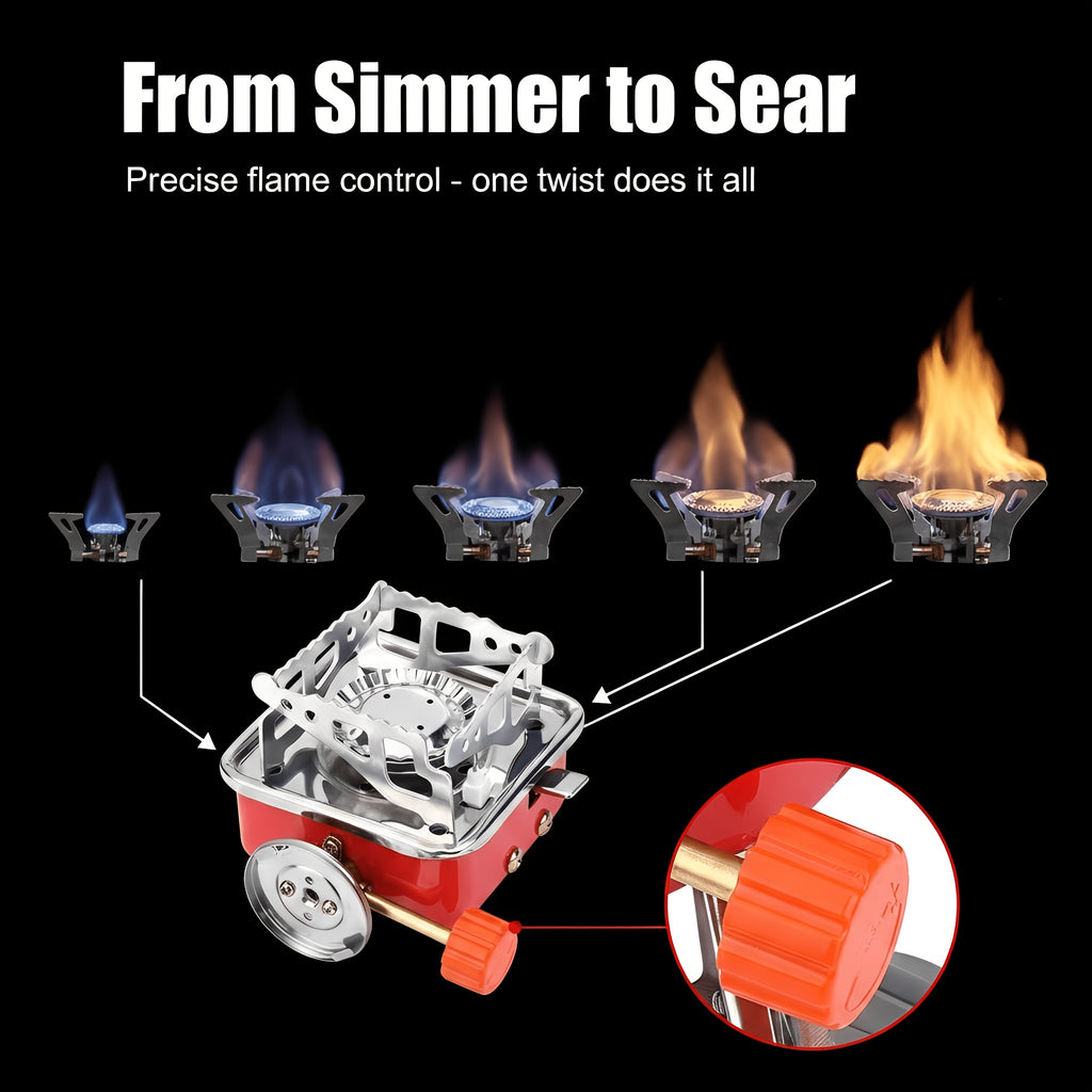 Mini Butane Camping Stove with Folding Supports and Adjustable Flame, Palm-Sized Red Portable Gas Burner for Hiking, Picnics and Outdoor Cooking