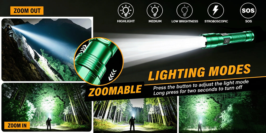 5-Mode Rechargeable LED Flashlight with Digital Power Display, Zoomable Aluminum Alloy Handheld Torch in Green with Hanging Strap and Lithium Battery