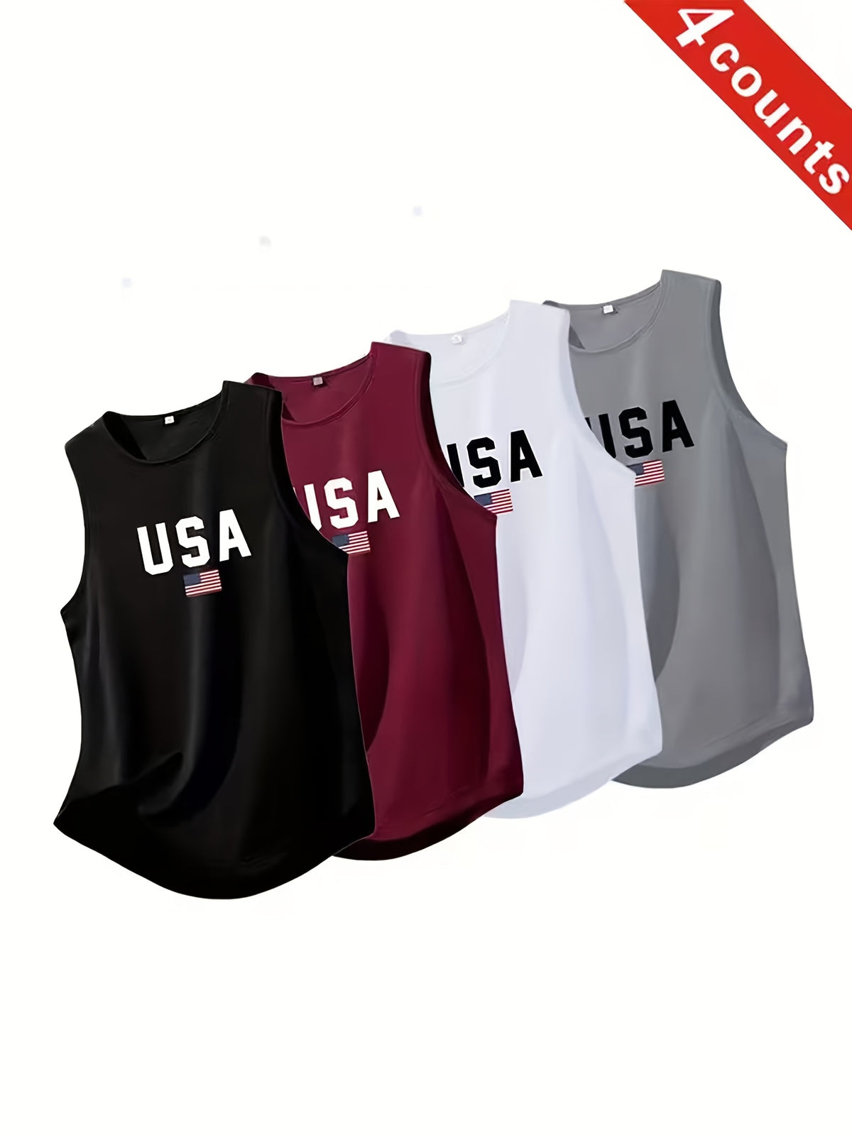 Men's USA Flag Sleeveless Workout Tank Tops, 4-Piece Set