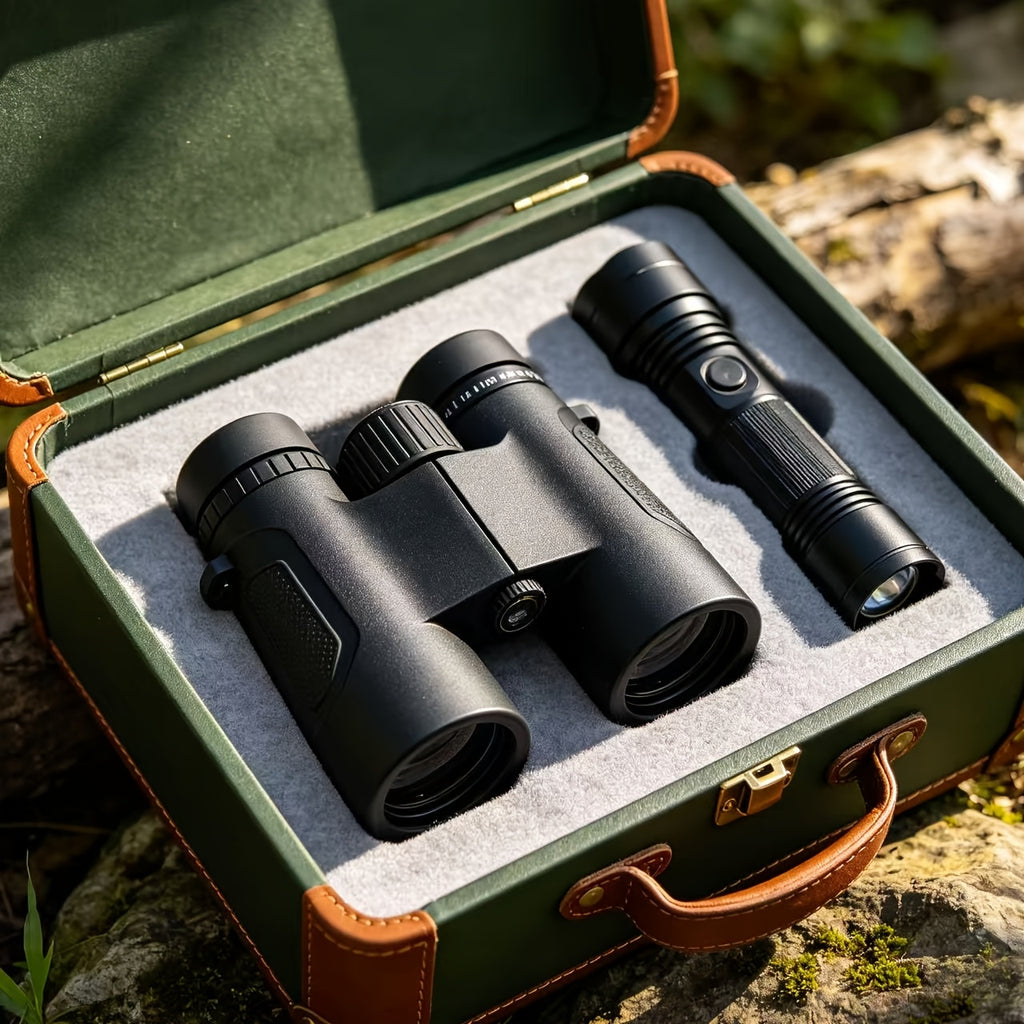 Binoculars and Flashlight Set with Compact Optical Glass Binoculars and Strap for Hiking, Camping, Sightseeing, Concerts and Outdoor Exploration