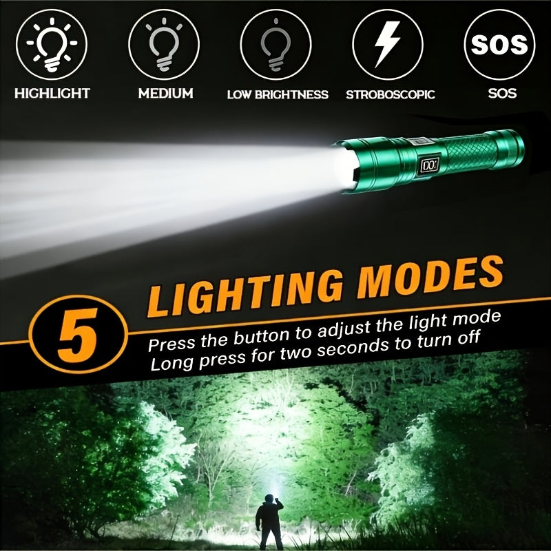 5-Mode Rechargeable LED Flashlight with Digital Power Display, Zoomable Aluminum Alloy Handheld Torch in Green with Hanging Strap and Lithium Battery