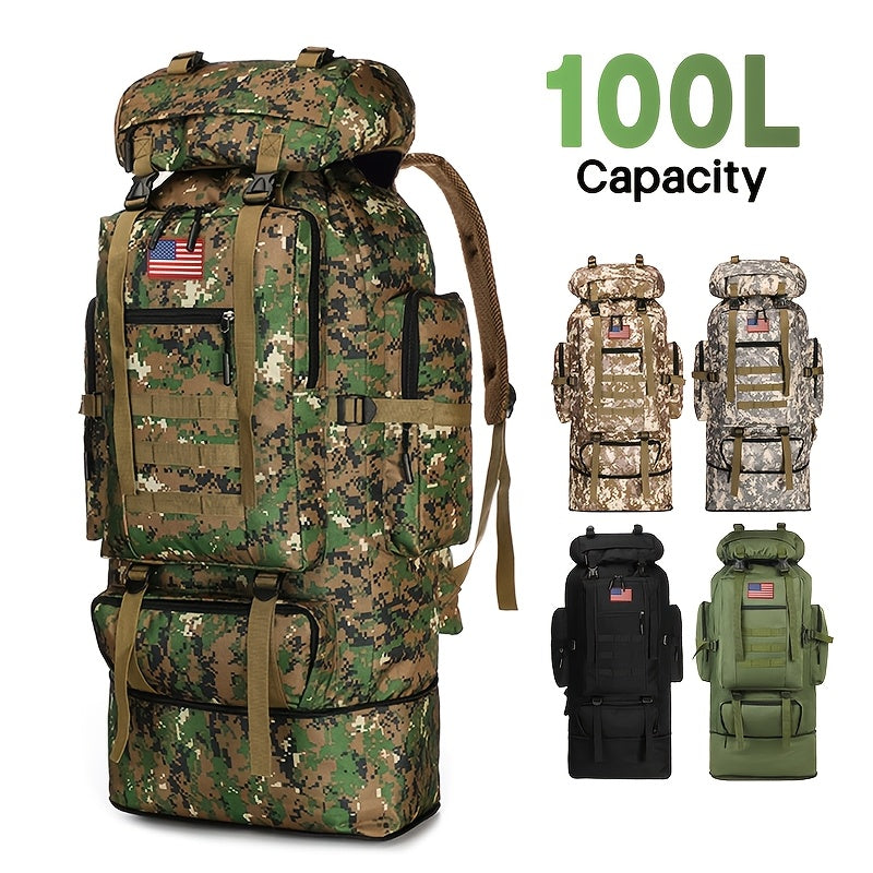 100L Tactical Backpack for Hiking and Travel, Large-Capacity Outdoor Pack with Multiple Compartments and Shoulder Straps in Green, Gray or Desert