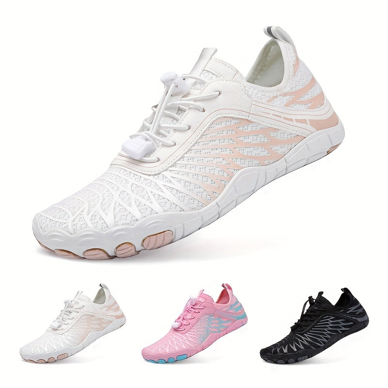 Women's Wide Toe Box Hiking Sneakers, Minimalist Barefoot-Style Trail Running Shoes with Non-Slip Design in White, Black and Pink Red