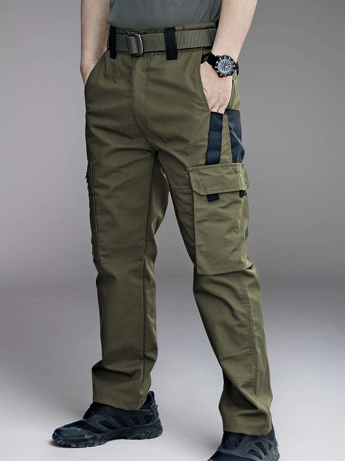 Relaxed-Fit Polyester Tactical Pants for Men with Belt Included, Lightweight Quick-Dry Multi-Pocket Trousers for Hiking, Outdoor Adventures and Work