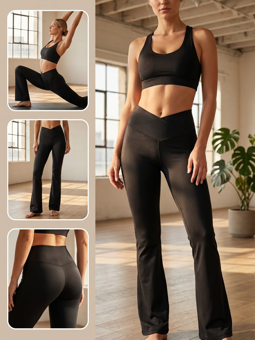 Crossover Flare Yoga Pants with Pockets for Women, Black High-Waisted V-Waist Soft Stretch Workout Trousers for Casual Wear and Lounging, S-XXL