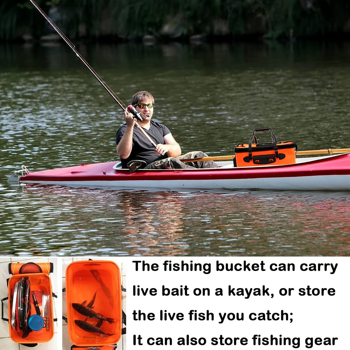 25L Foldable Fishing Bucket in EVA, Live Bait and Fish Container for Outdoor Angling with Blue Translucent, Orange and Blue Options