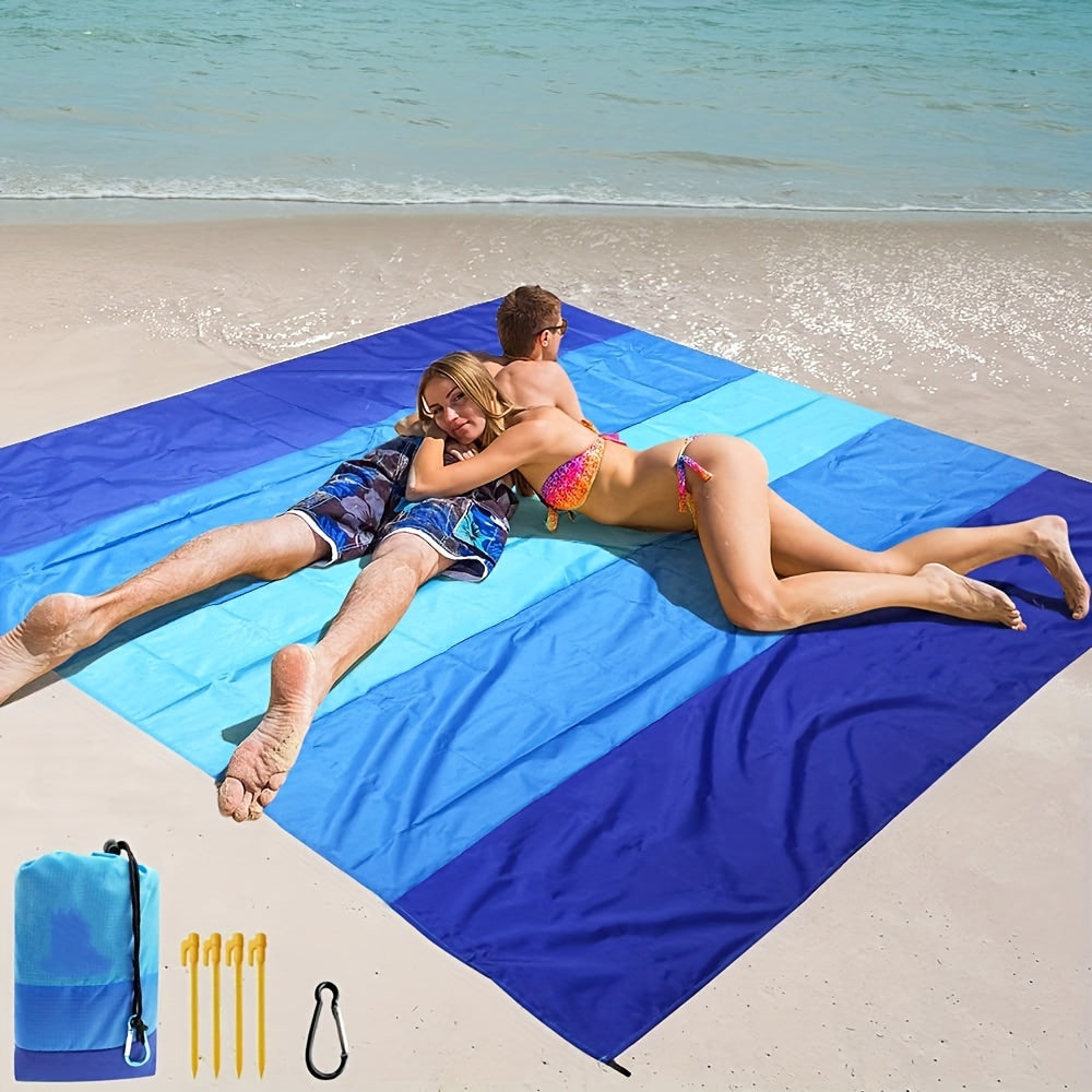 Sandproof Beach Blanket 79 x 83 Inches for 1-4 Adults, Blue Lightweight Quick-Drying Nylon Picnic Mat for Travel, Camping and Hiking