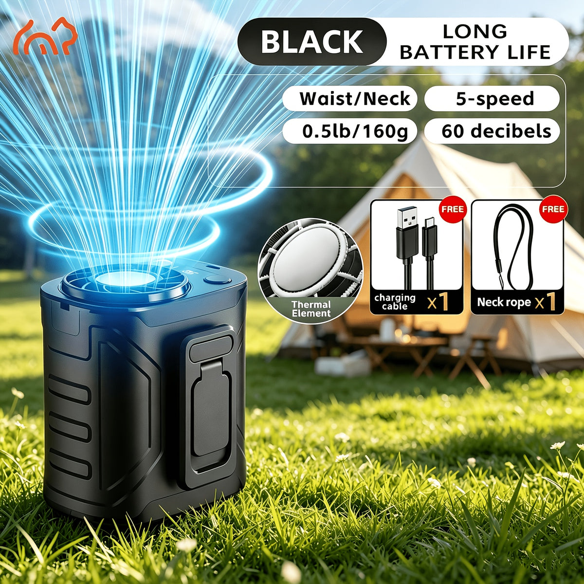 5000mAh Portable Waist Fan with 199 Speed Settings, Listed 18000 RPM Brushless Motor and LED Power Display in Orange, Green or Black, 1 or 2 Pieces