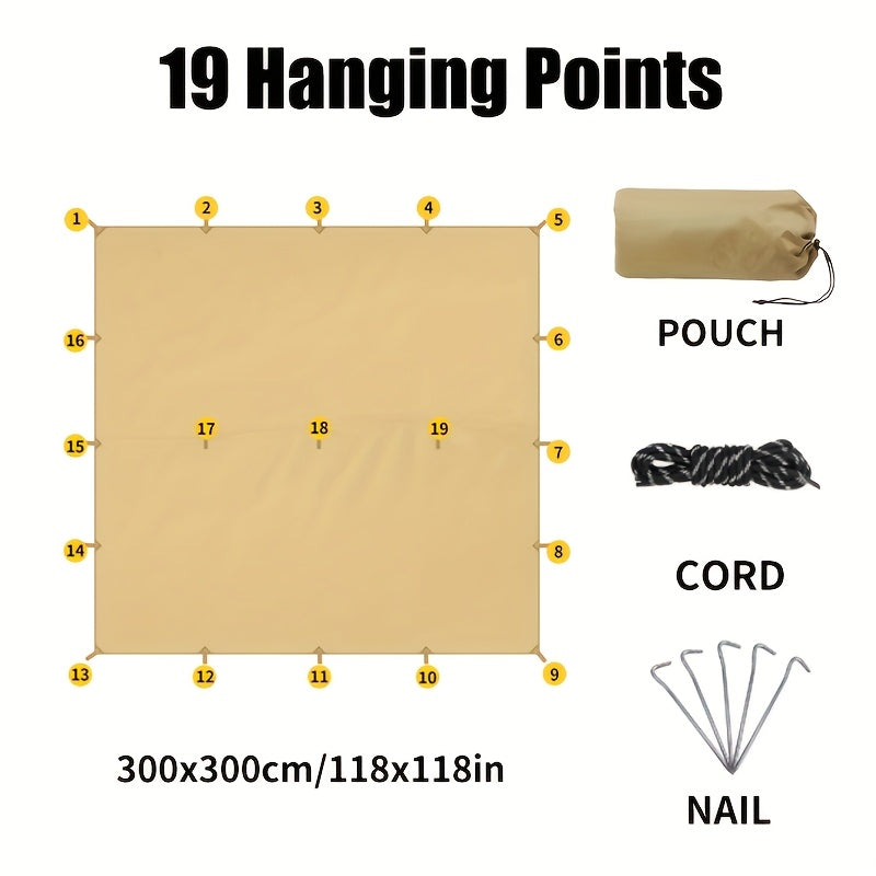 Multi-Point Camping Tarp Shelter for Outdoor Shade and Hammock Cover, 300 x 300 or 300 x 400 cm Options with 6 or 19 Hanging Points