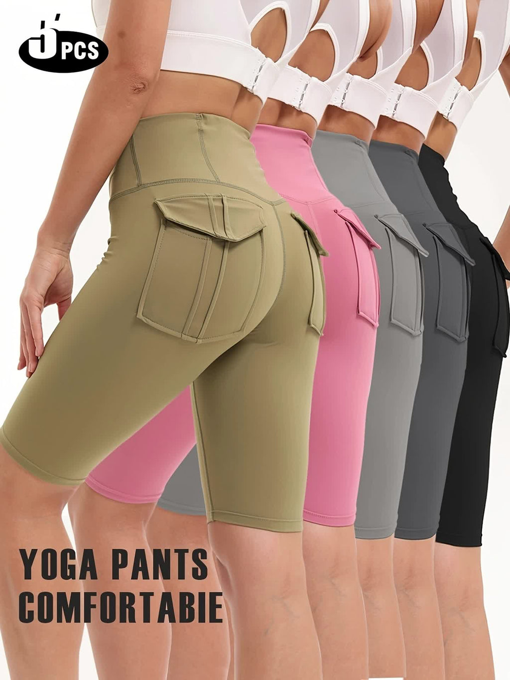 Nylon Spandex Biker Shorts 5-Pack for Women, High-Waist Stretch Workout Shorts with Two Back Pockets for Yoga, Running and Casual Wear