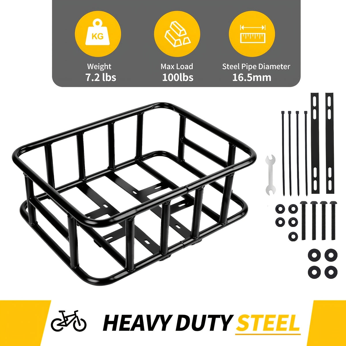 Iron Rear Bike Basket in Black, Removable Frame-Mount Bicycle Cargo Storage with Large, Folding or Basic Options for Groceries and Commuting