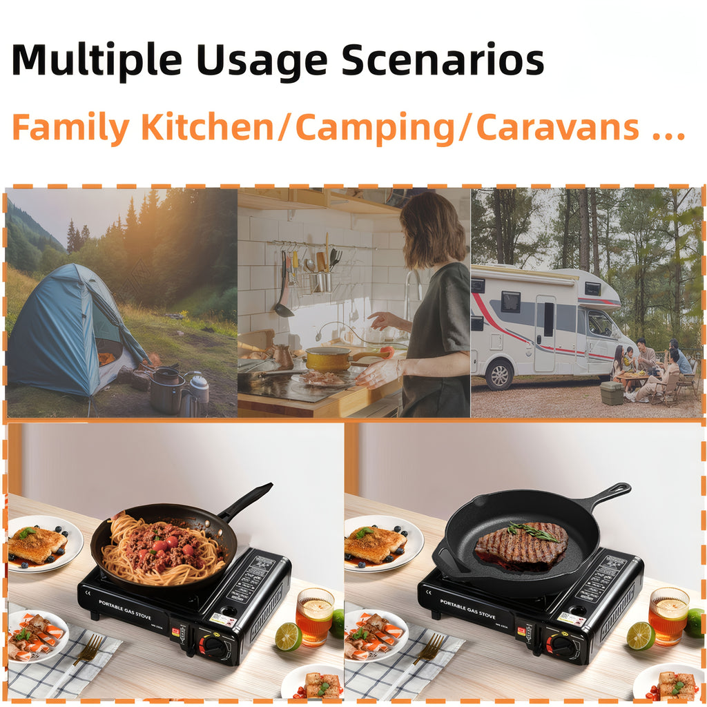 Butane Camping Stove with Windscreen and Carrying Case, Portable Outdoor Cooking Equipment for Campsite Meals and Tailgating in Black or Red