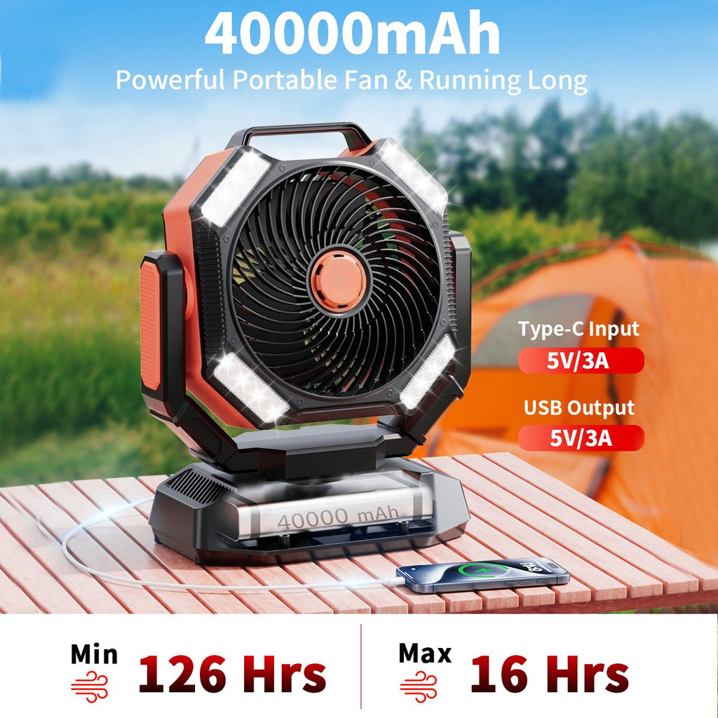 40000mAh Camping Fan with Remote Control and 4-Mode LED Light, USB Rechargeable Portable Desktop Fan for Tents and Power Outages, No Adapter