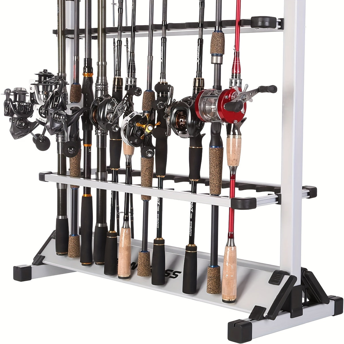 24 Rod Portable Fishing Rod Rack with Aluminum Alloy Frame, Cushioned Holders and Carry Handle for Upright Garage or Cabin Pole Storage