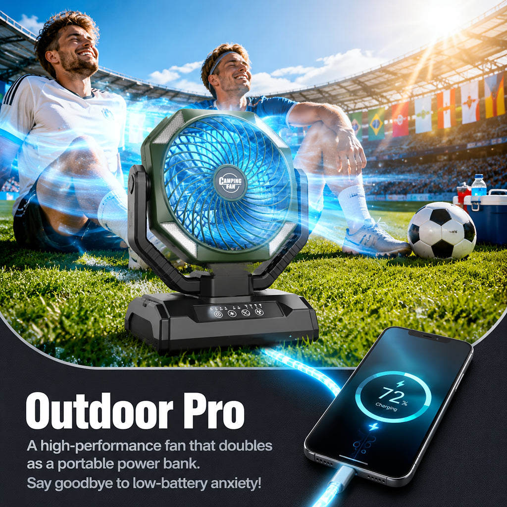 Rechargeable Tent Fan with 20000mAh Battery, Four Speeds, Remote Control and Hanging Hook for Camping, Beach Days and Outdoor Cooling