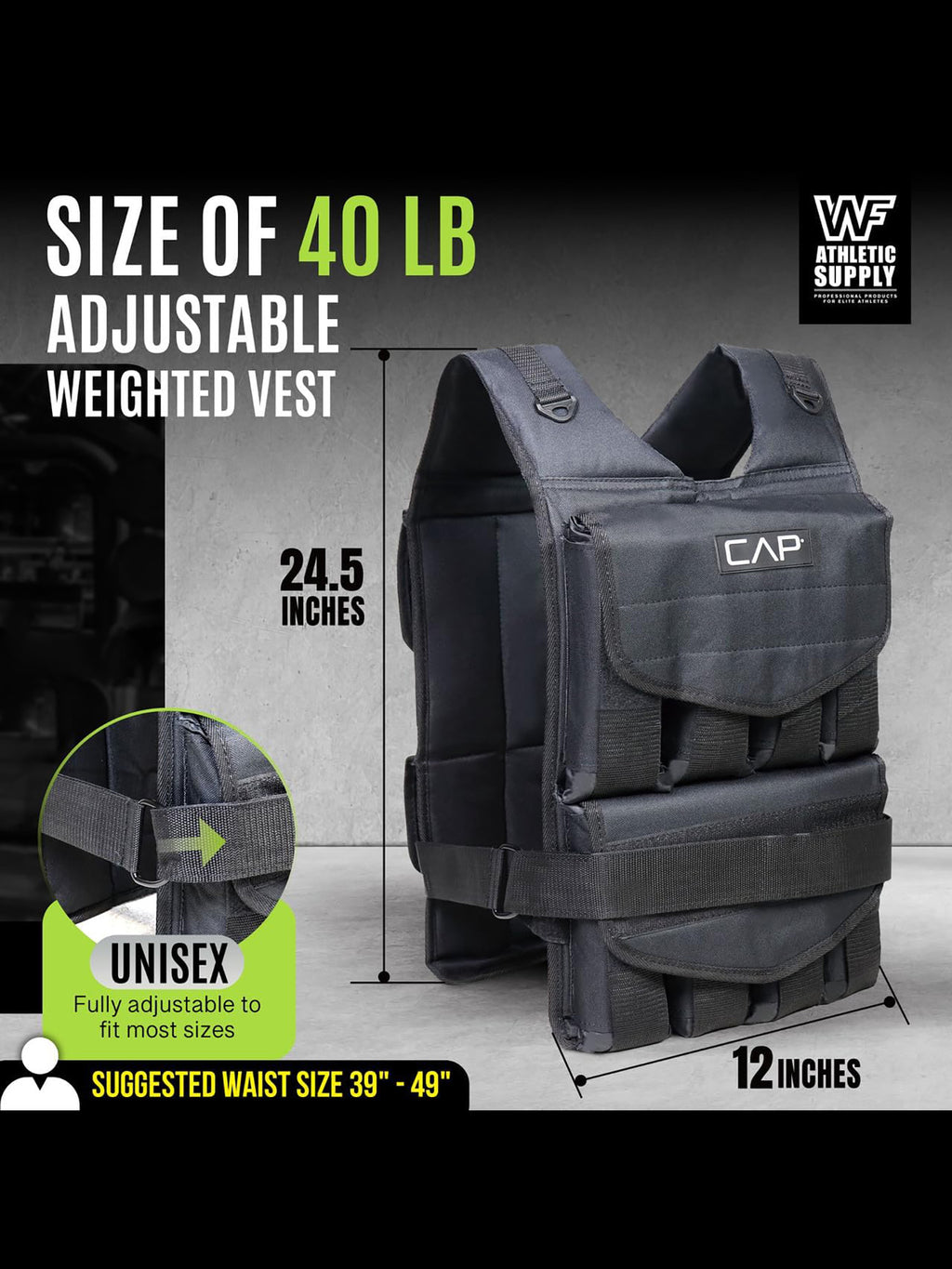 Adjustable Weighted Vest 40 lb with Included Removable Weights, Black Regular-Length Fitness Equipment for Men's and Women's Strength Training