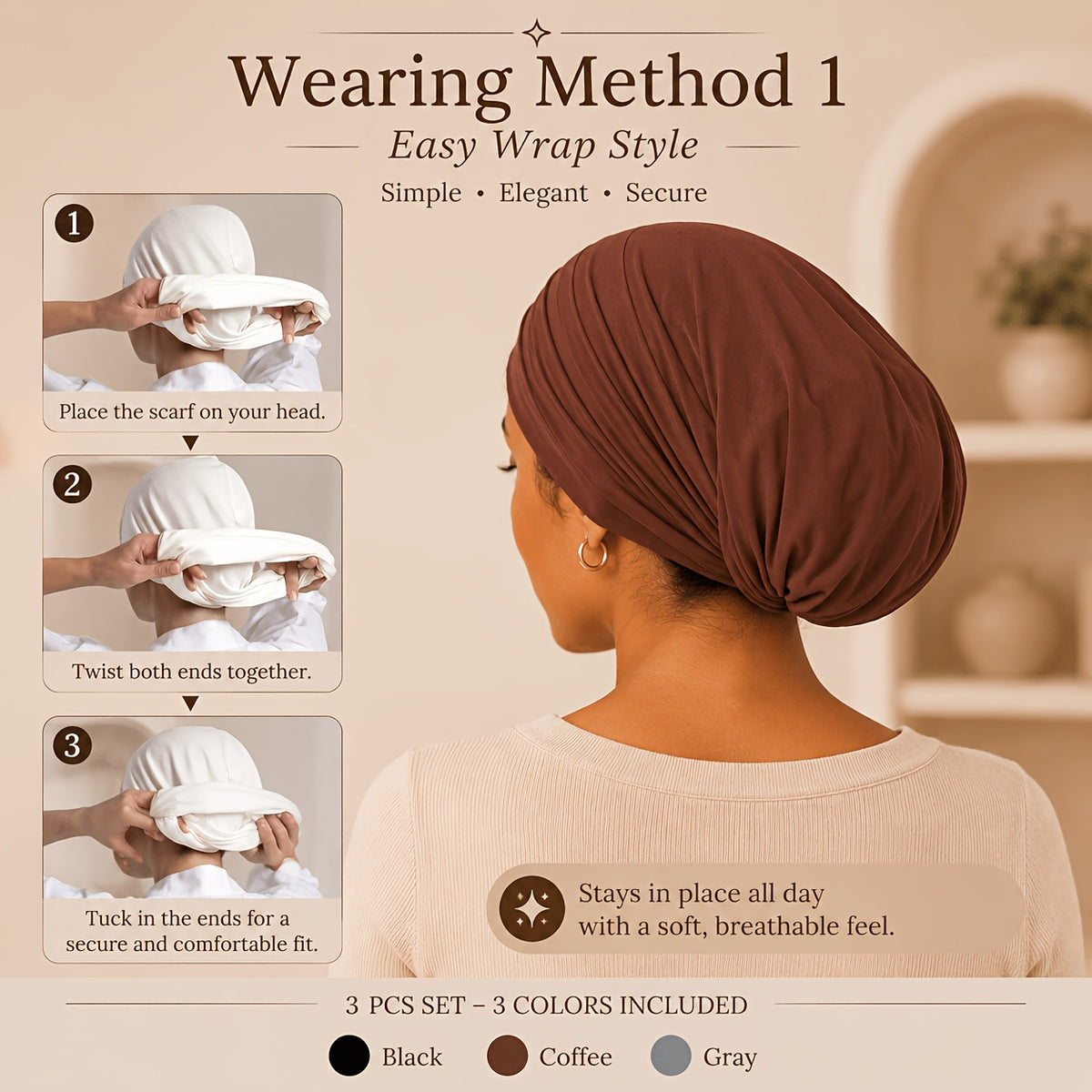 Hijab Undercaps 3-Pack for Women, Breathable Non-Slip Solid Color Muslim Headwear for Everyday Headscarf Layering and Travel Outfit Coordination