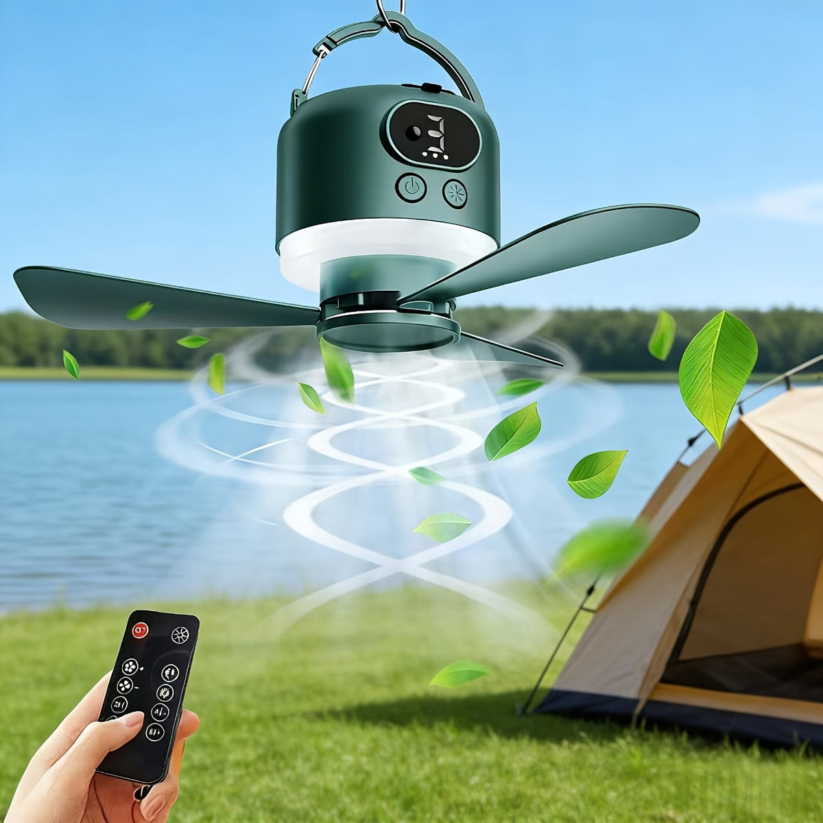 10400mAh Camping Ceiling Fan with Remote Control and LED Light, USB Rechargeable Tent Fan with Detachable Blades and Four Adjustable Speed Settings