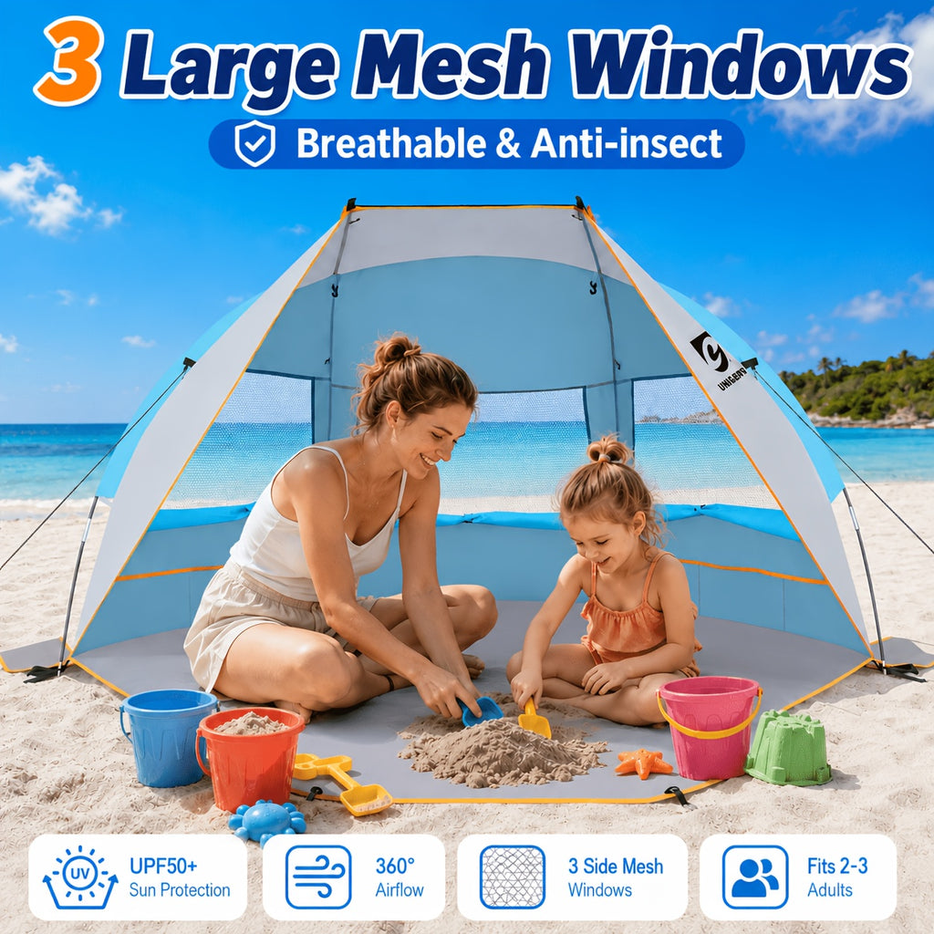 3-Person Beach Sun Shelter with UPF 50+ Fabric, Extended PE Floor and Three Mesh Roll-Up Windows, Portable 4 lb Tent for Beach Days and Outdoor Picnics