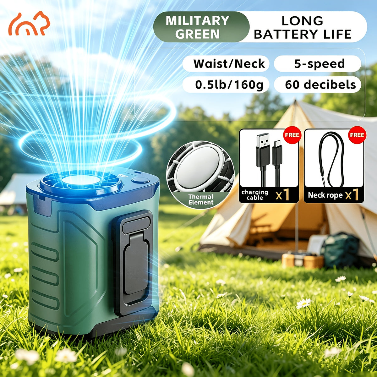 5000mAh Portable Waist Fan with 199 Speed Settings, Listed 18000 RPM Brushless Motor and LED Power Display in Orange, Green or Black, 1 or 2 Pieces