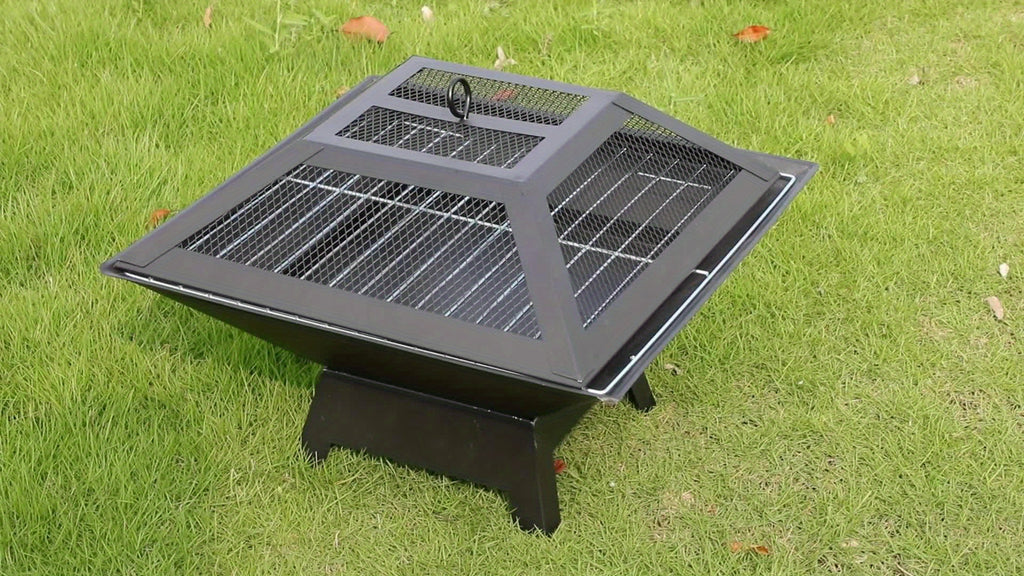 Outdoor Iron Fire Pit 18.5 Inch in Black, Heavy-Duty Lacquered Backyard and Camping Fire Bowl with Combustion Grate, Ash Collector and Charcoal Hook