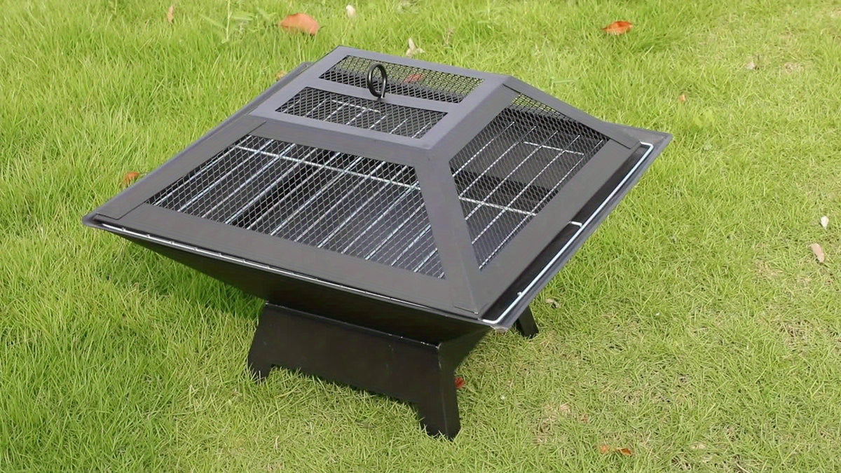 Outdoor Iron Fire Pit 18.5 Inch in Black, Heavy-Duty Lacquered Backyard and Camping Fire Bowl with Combustion Grate, Ash Collector and Charcoal Hook