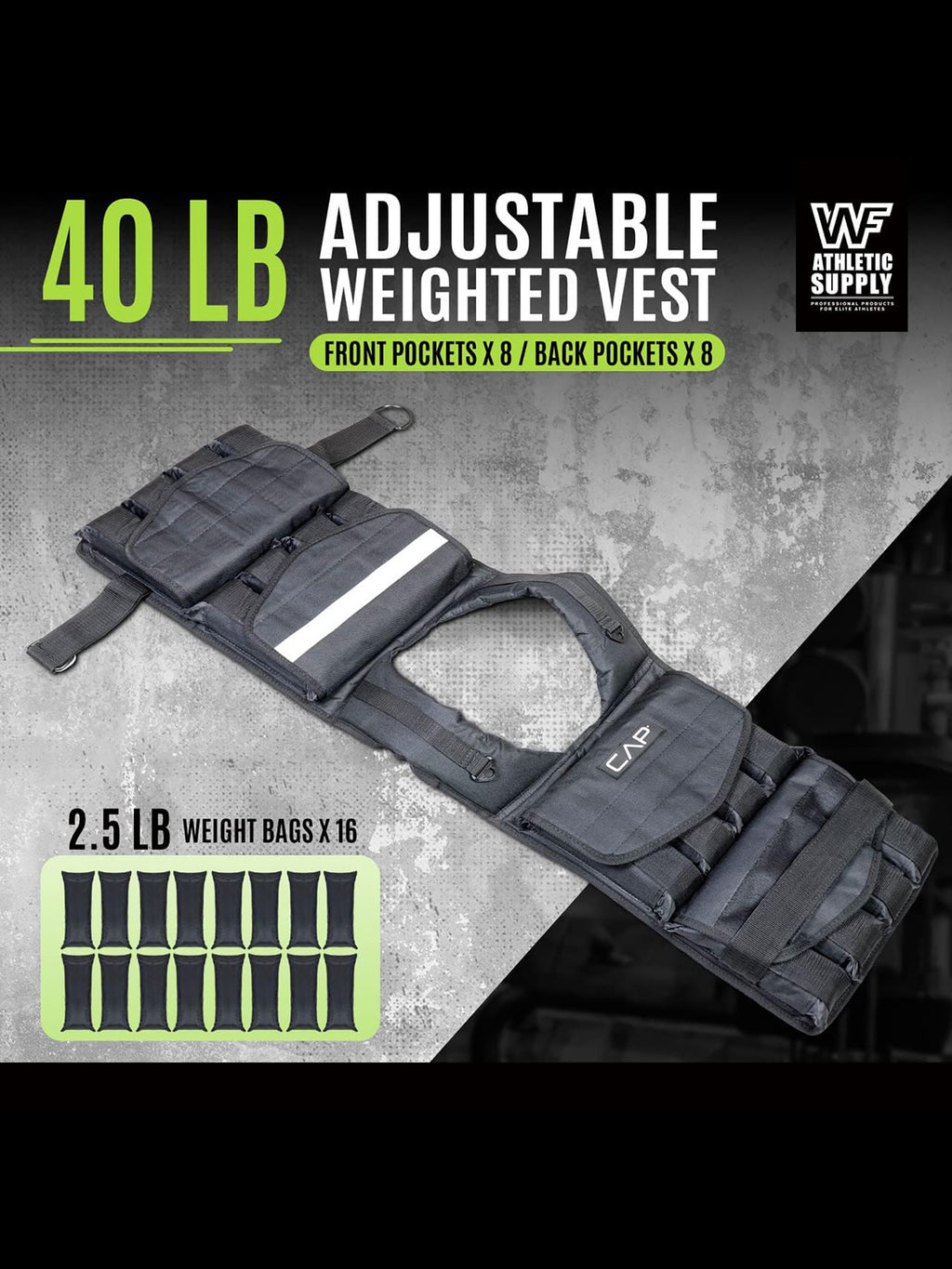 Adjustable Weighted Vest 40 lb with Included Removable Weights, Black Regular-Length Fitness Equipment for Men's and Women's Strength Training