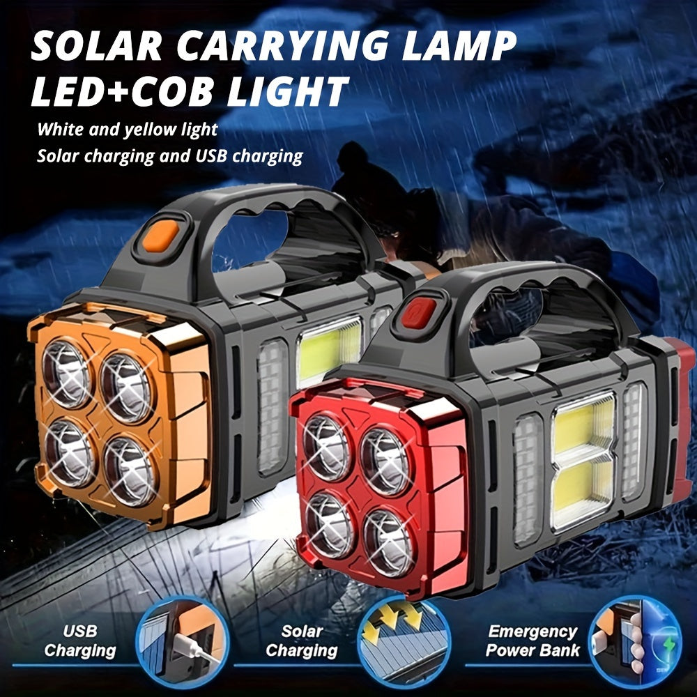 Solar Rechargeable Lantern Flashlight with 1800mAh Battery, USB Charging, 4-Mode COB Work Light & Emergency Power Bank for Camping