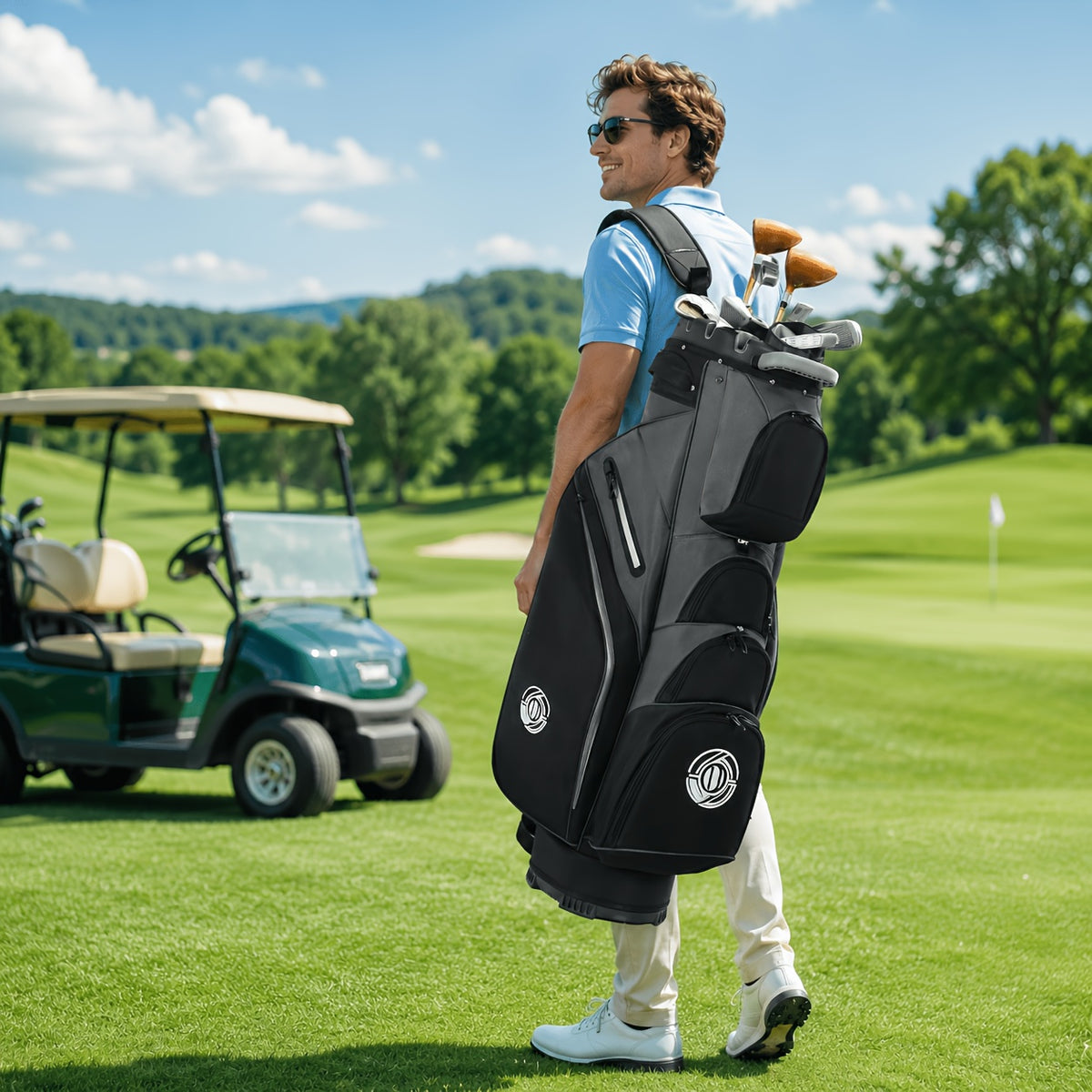 Golf Cart Bag with 14-Way T-Lock Club Divider, 8 Storage Pockets and Rain Cover, Padded Shoulder Strap and Cart Strap Pass-Through for Organized Rounds