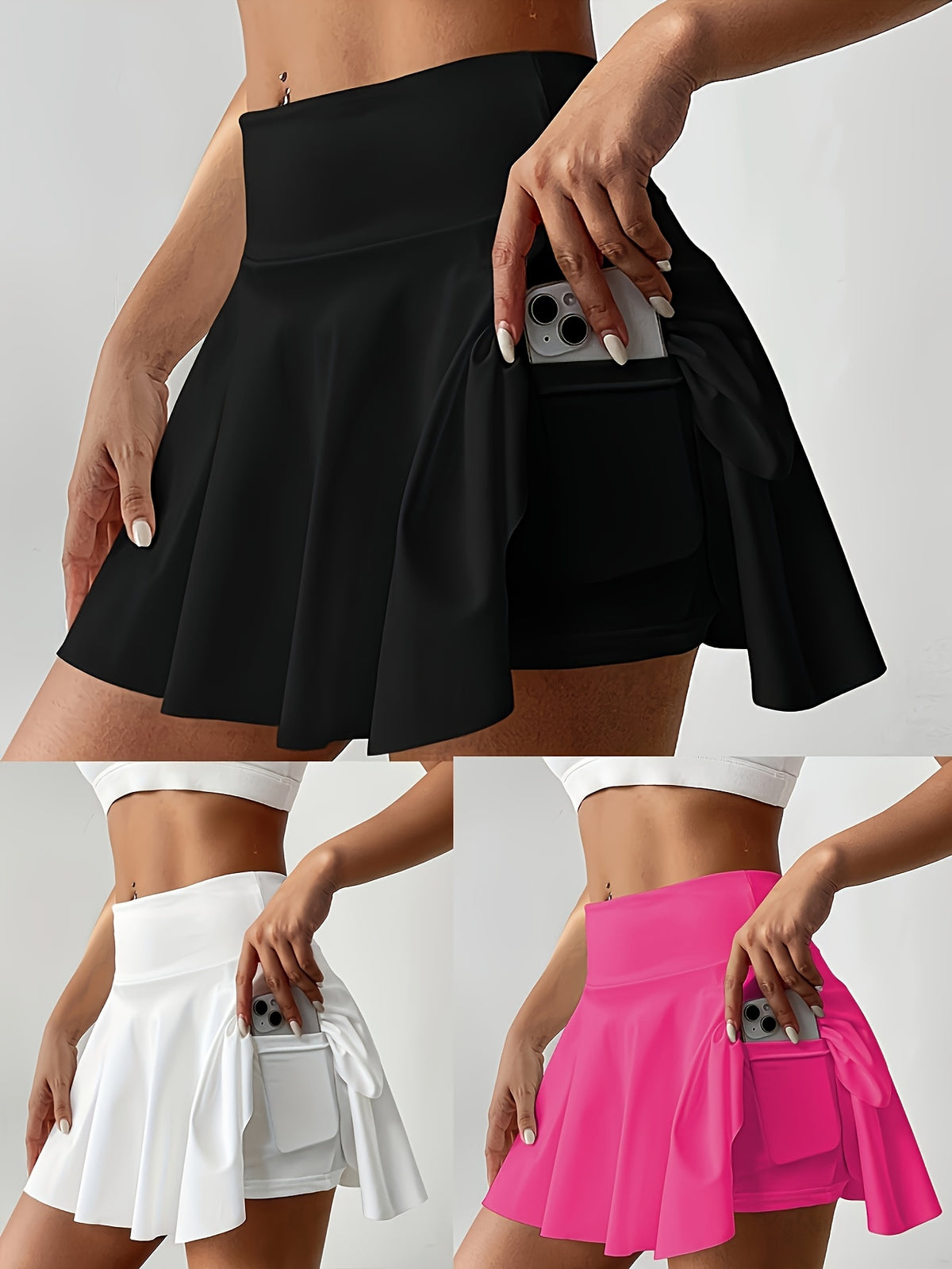 14-Inch Pleated Tennis Skorts for Women, 3-Piece High-Waist Stretch Set with Built-In Shorts, Two Inner Pockets and Side Tie Detail, S–XXL