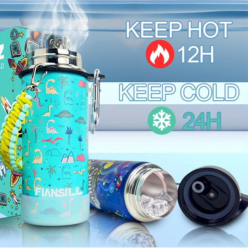 16oz Student Insulated Water Bottle, Stainless Steel Vacuum Flask with One-Hand Lid, Carry Strap and Seven Designs for School and Outdoor Trips