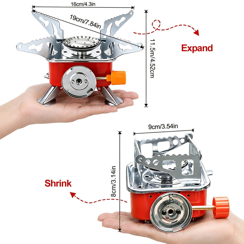 Mini Butane Camping Stove with Folding Supports and Adjustable Flame, Palm-Sized Red Portable Gas Burner for Hiking, Picnics and Outdoor Cooking