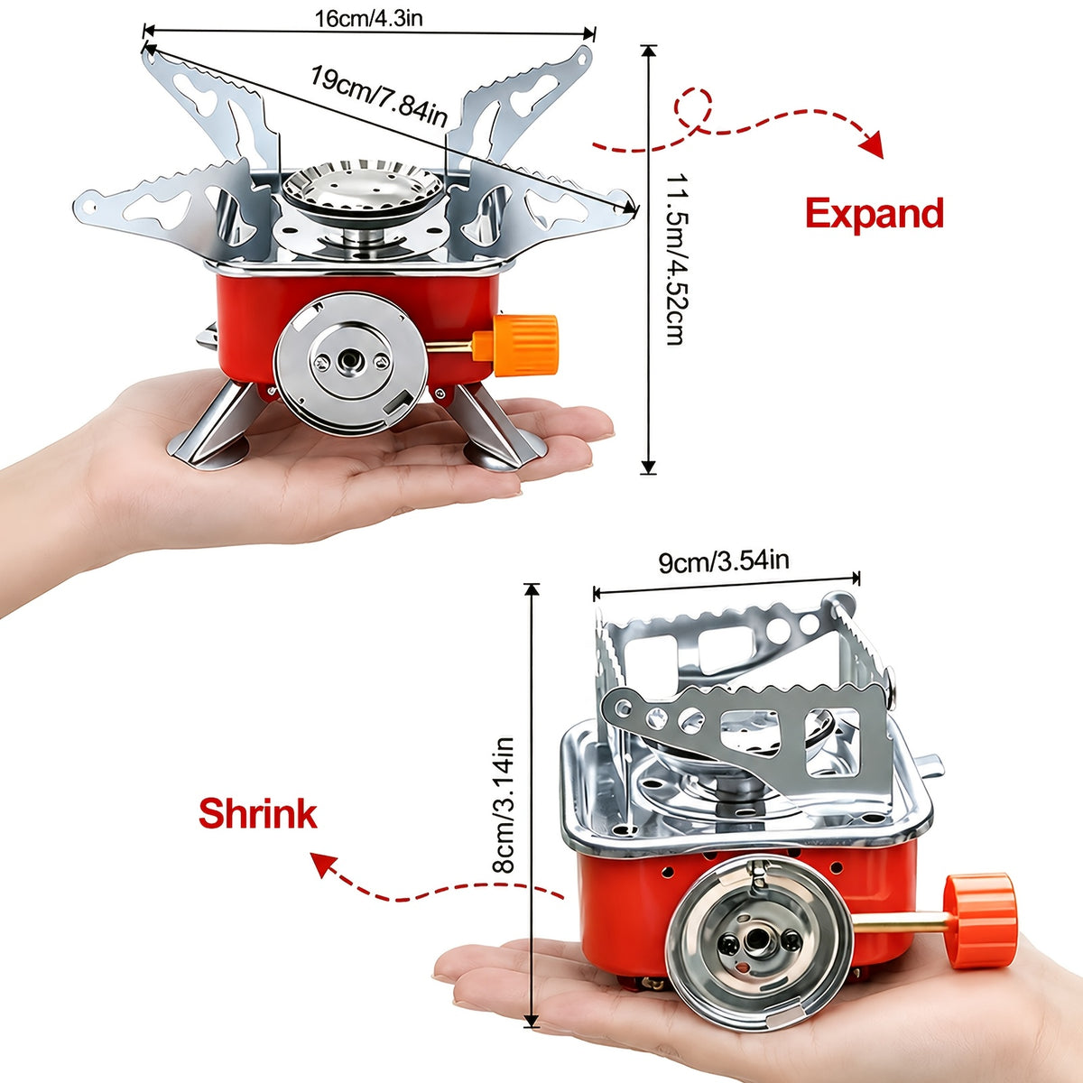 Mini Butane Camping Stove with Folding Supports and Adjustable Flame, Palm-Sized Red Portable Gas Burner for Hiking, Picnics and Outdoor Cooking
