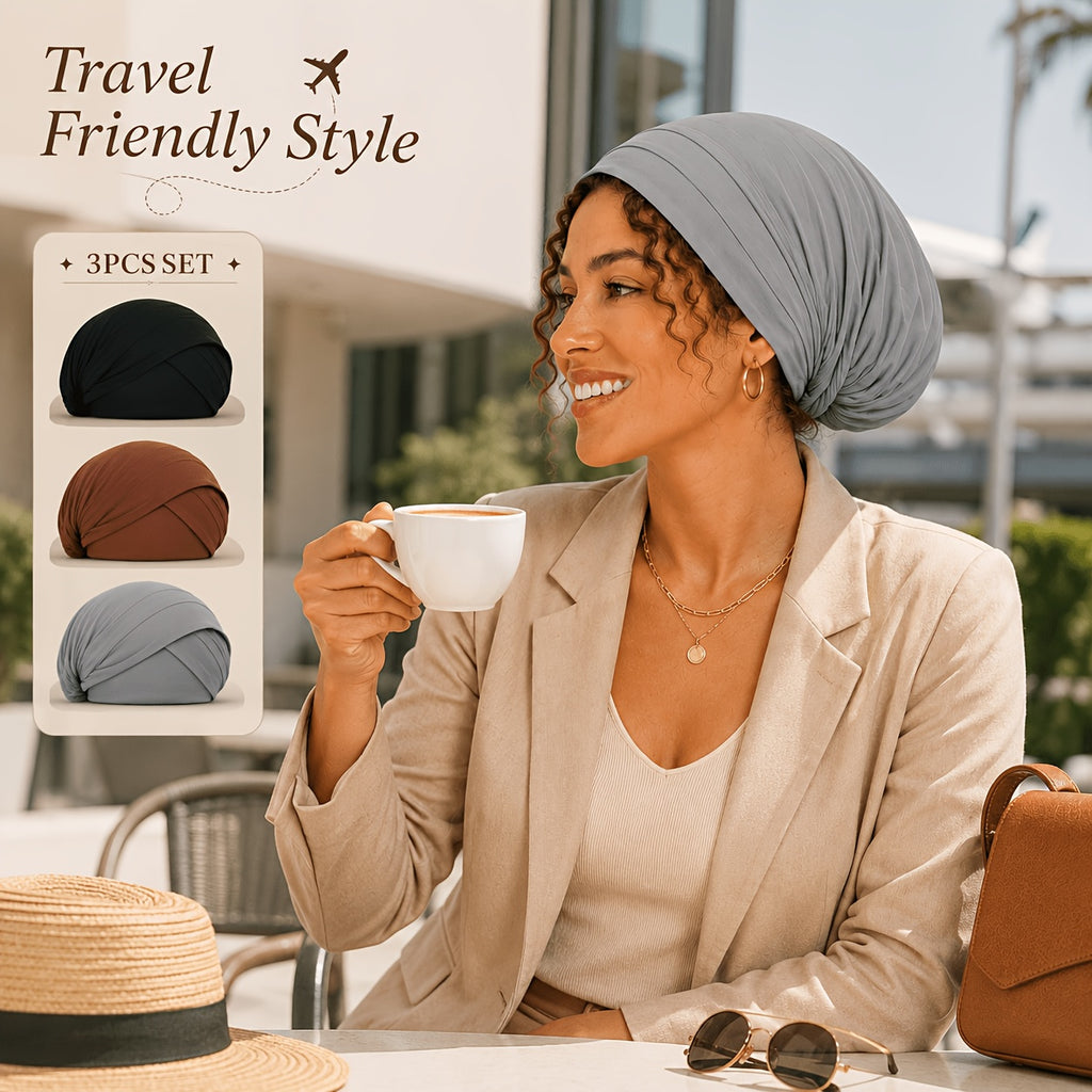 Hijab Undercaps 3-Pack for Women, Breathable Non-Slip Solid Color Muslim Headwear for Everyday Headscarf Layering and Travel Outfit Coordination