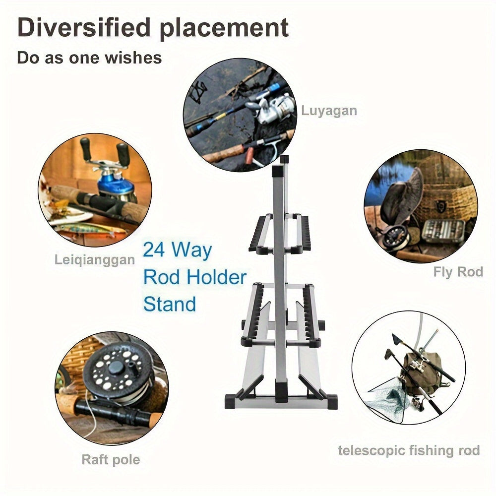 24 Rod Portable Fishing Rod Rack with Aluminum Alloy Frame, Cushioned Holders and Carry Handle for Upright Garage or Cabin Pole Storage
