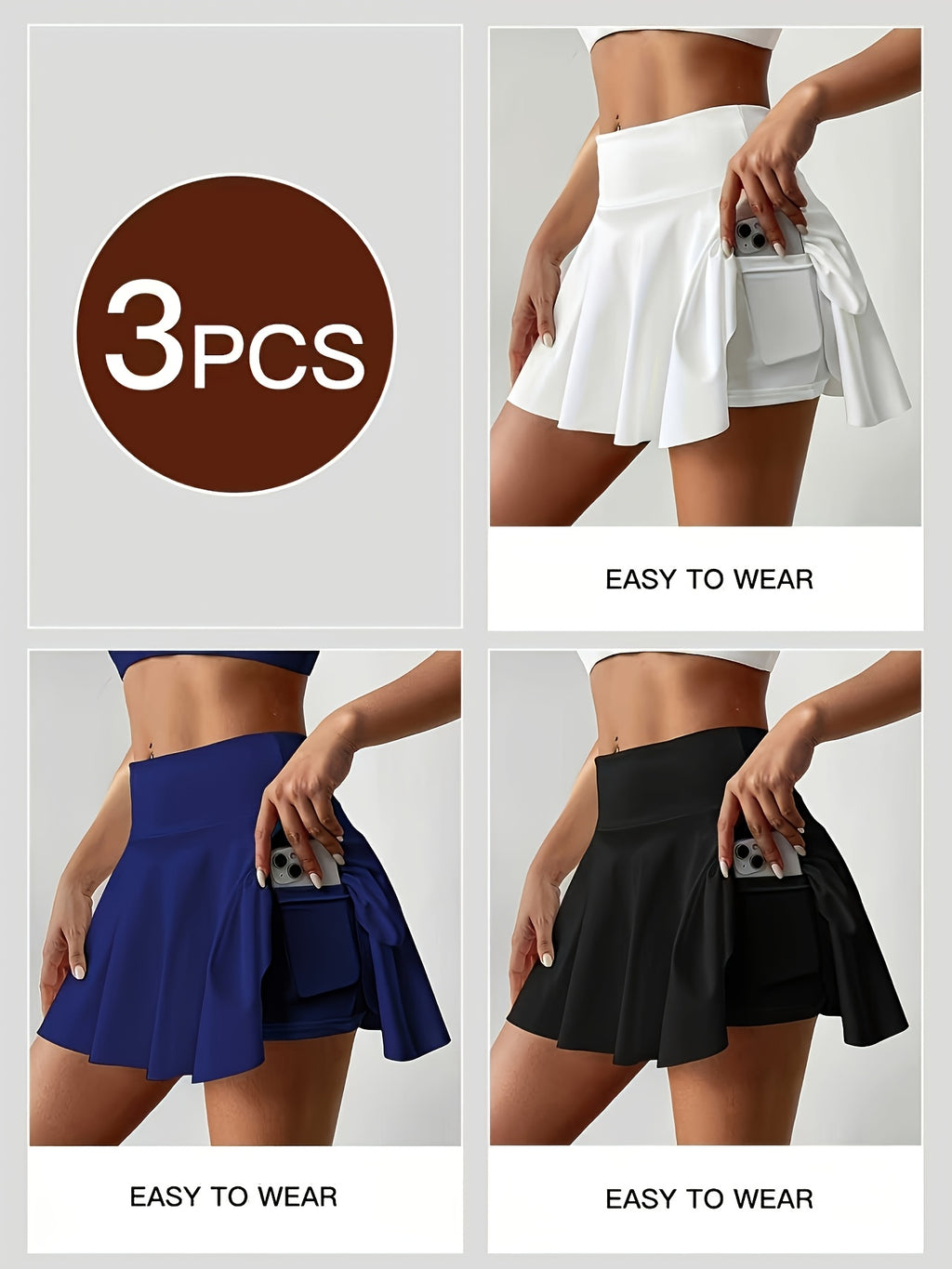 14-Inch Pleated Tennis Skorts for Women, 3-Piece High-Waist Stretch Set with Built-In Shorts, Two Inner Pockets and Side Tie Detail, S–XXL