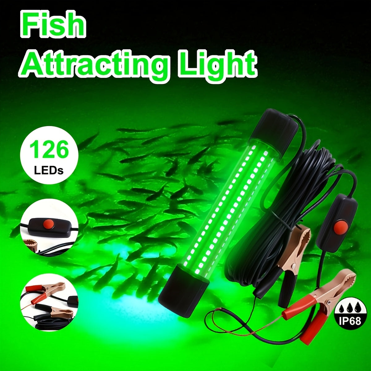 12V Underwater Fishing Light with 126 LEDs, IP68-Rated Fish Attractor Lamp and 16.4-Foot Cable for Night Angling, Battery Not Included